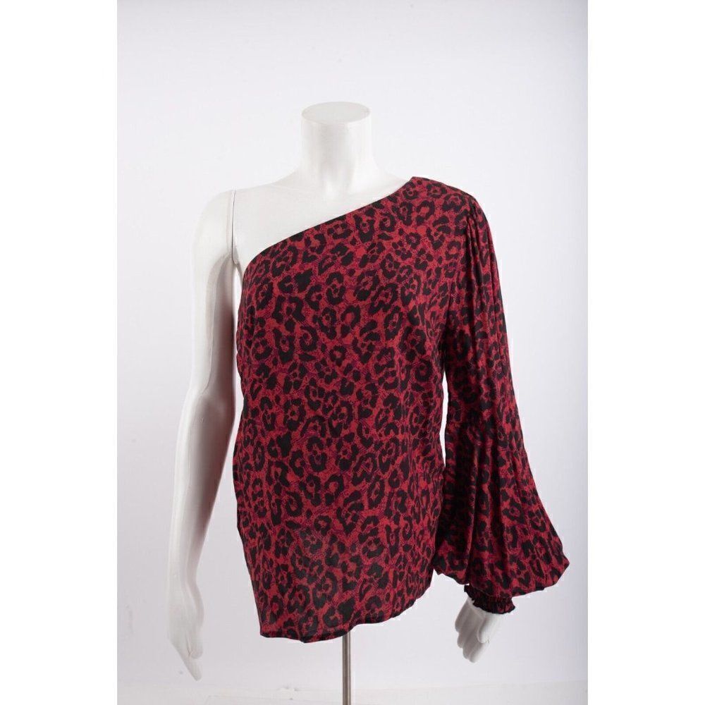 Allen Schwartz Womens One Shoulder Blouse Brooke M Red Black Animal Print NWT